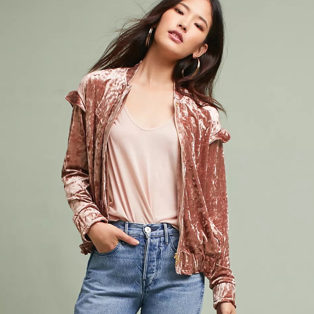 Anthropologie Sabina Musayev Pink Blushed Velvet Bomber Jacket (Sz Small) - Picture 1 of 11